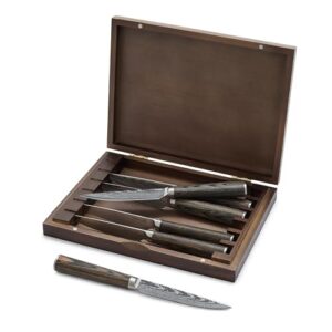 greenpan x bobby flay 6 piece steak knife set with wood storage box, premium stainless steel blades, precision cutting tools, ultra-versatile cutlery, hand finished wood handle, damascus steel design