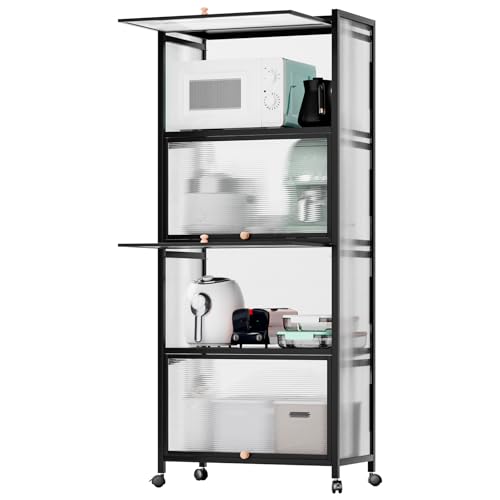 Worparsen Kitchen Storage Cabinets,5 Tiers Pantry Storage Cabinet, Kitchen Bakers Rack with Visible Doors, Microwave Storage Rack, Large Kitchen Cabinet for Dishes, Pots and Pans Black