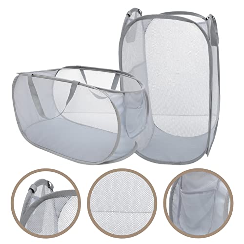 VOSAREA 2pcs Portable Laundry Basket Storage Bins for Clothes Kid Toys Large Mesh Laundry Hamper Toys Storage Basket Net Laundry Bag Folding Laundry Basket Steel Wire Light Grey