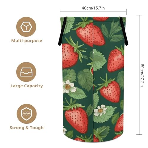 Laundry Basket Hamper Waterproof Dirty Clothes Hamper Fresh Strawberries And Leaves Collapsible Washing Bin Clothes Bag with Handles Freestanding Laundry Hamper for Bathroom Bedroom Dorm Travel