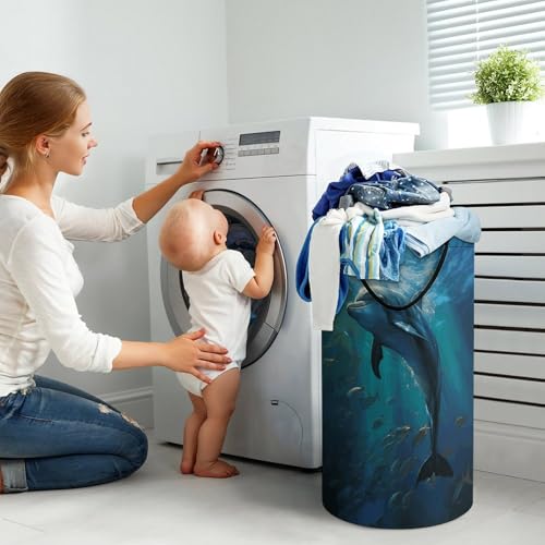 Laundry Basket Hamper Waterproof Dirty Clothes Hamper Dolphin in The Deep Ocean Collapsible Washing Bin Clothes Bag with Handles Freestanding Laundry Hamper for Bathroom Bedroom Dorm Travel