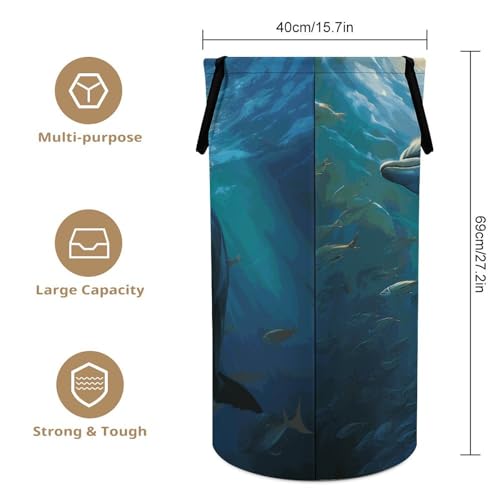 Laundry Basket Hamper Waterproof Dirty Clothes Hamper Dolphin in The Deep Ocean Collapsible Washing Bin Clothes Bag with Handles Freestanding Laundry Hamper for Bathroom Bedroom Dorm Travel