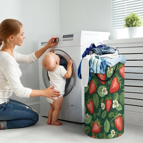 Laundry Basket Hamper Waterproof Dirty Clothes Hamper Fresh Strawberries And Leaves Collapsible Washing Bin Clothes Bag with Handles Freestanding Laundry Hamper for Bathroom Bedroom Dorm Travel