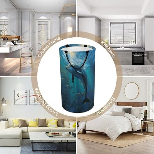 Laundry Basket Hamper Waterproof Dirty Clothes Hamper Dolphin in The Deep Ocean Collapsible Washing Bin Clothes Bag with Handles Freestanding Laundry Hamper for Bathroom Bedroom Dorm Travel