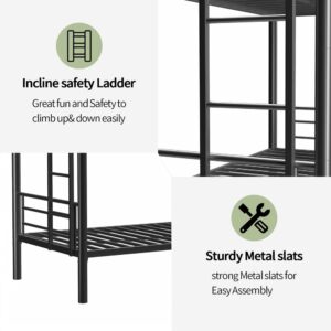 QSOSTNS Twin Over Twin Metal Bunk Bed for Juniors, Industrial Twin Bunk Beds Frame with Ladder & Full-Length Guardrail, Space-Saving, Easy Climbing & Assemble (Black)