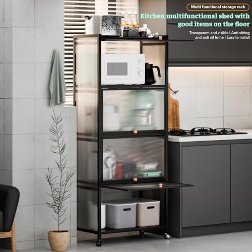 Worparsen Kitchen Storage Cabinets,5 Tiers Pantry Storage Cabinet, Kitchen Bakers Rack with Visible Doors, Microwave Storage Rack, Large Kitchen Cabinet for Dishes, Pots and Pans Black