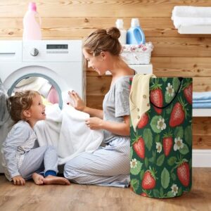 Laundry Basket Hamper Waterproof Dirty Clothes Hamper Fresh Strawberries And Leaves Collapsible Washing Bin Clothes Bag with Handles Freestanding Laundry Hamper for Bathroom Bedroom Dorm Travel