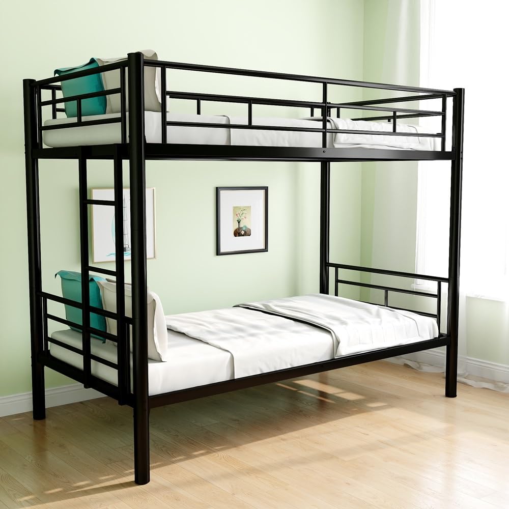 QSOSTNS Twin Over Twin Metal Bunk Bed for Juniors, Industrial Twin Bunk Beds Frame with Ladder & Full-Length Guardrail, Space-Saving, Easy Climbing & Assemble (Black)