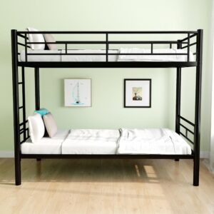 qsostns twin over twin metal bunk bed for juniors, industrial twin bunk beds frame with ladder & full-length guardrail, space-saving, easy climbing & assemble (black)