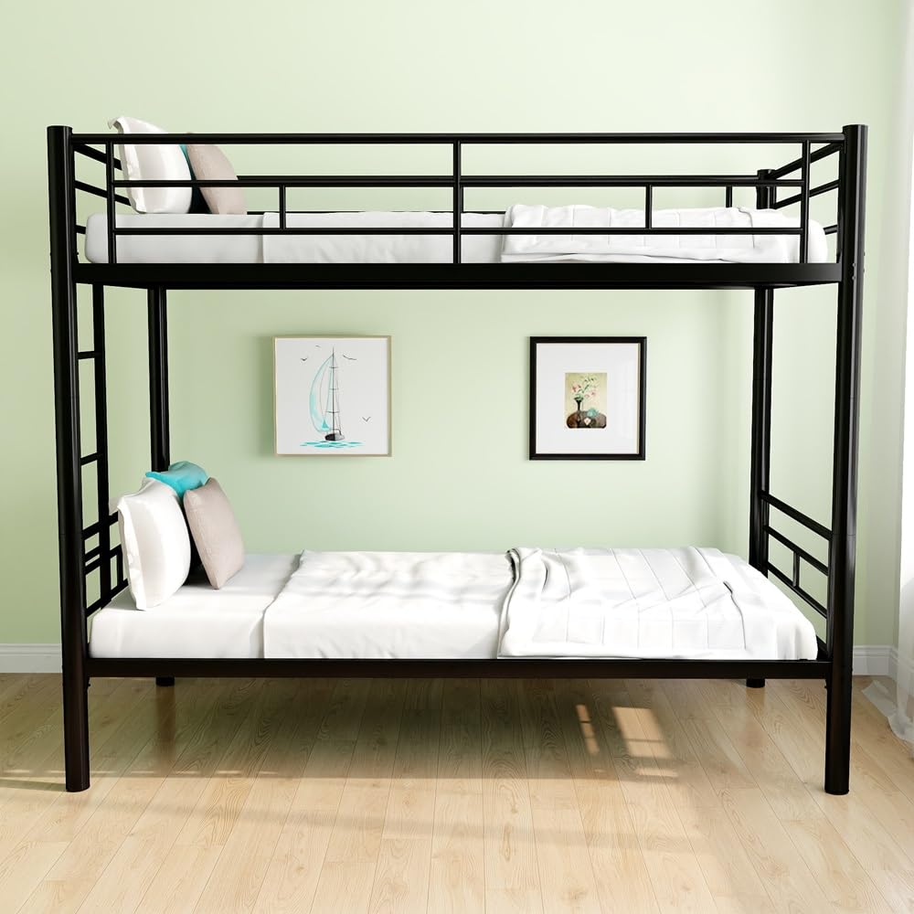 QSOSTNS Twin Over Twin Metal Bunk Bed for Juniors, Industrial Twin Bunk Beds Frame with Ladder & Full-Length Guardrail, Space-Saving, Easy Climbing & Assemble (Black)