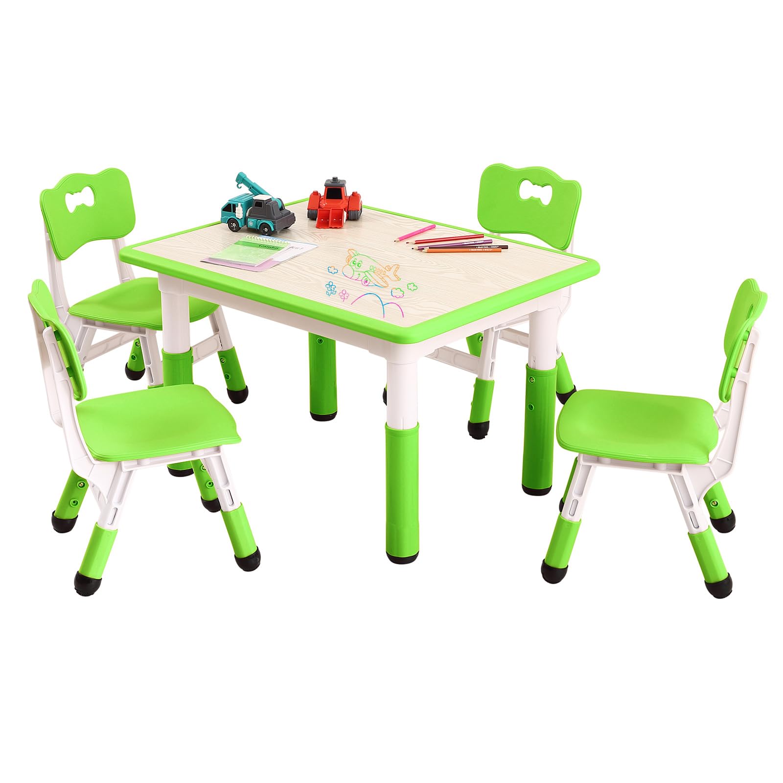 GarveeHome Kids Table and 4 Chairs Set, Toddler Height Adjustable Desk with Graffiti Desktop, Non-Slip Legs, Max 300lbs,Arts & Crafts Table，Children Multi-Activity Table for Classrooms,Home,Daycares