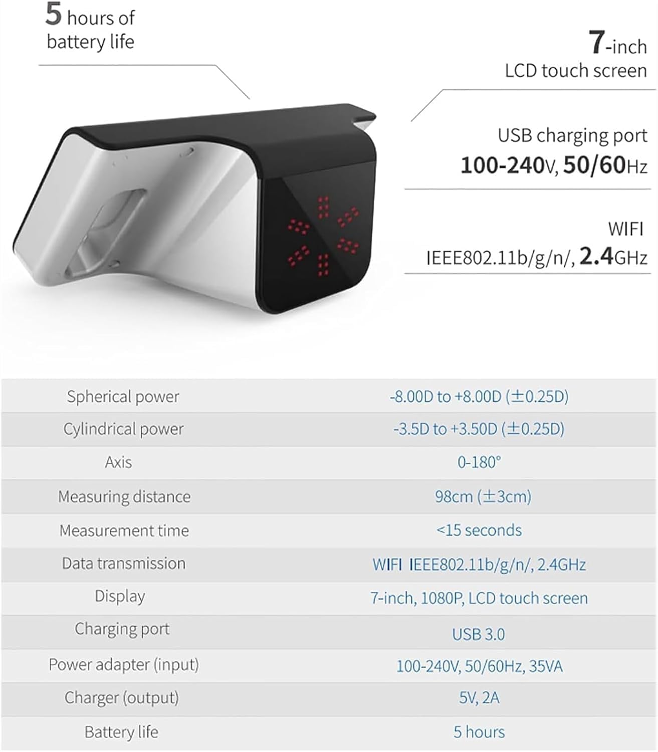 HDCCDM 7 Inch Ophthalmology Vision Screener, Portable Auto Refractor, 98cm Measuring Distance, 0-180° Axis Number, Data Storage, for Glaucoma, Syndrome Eye