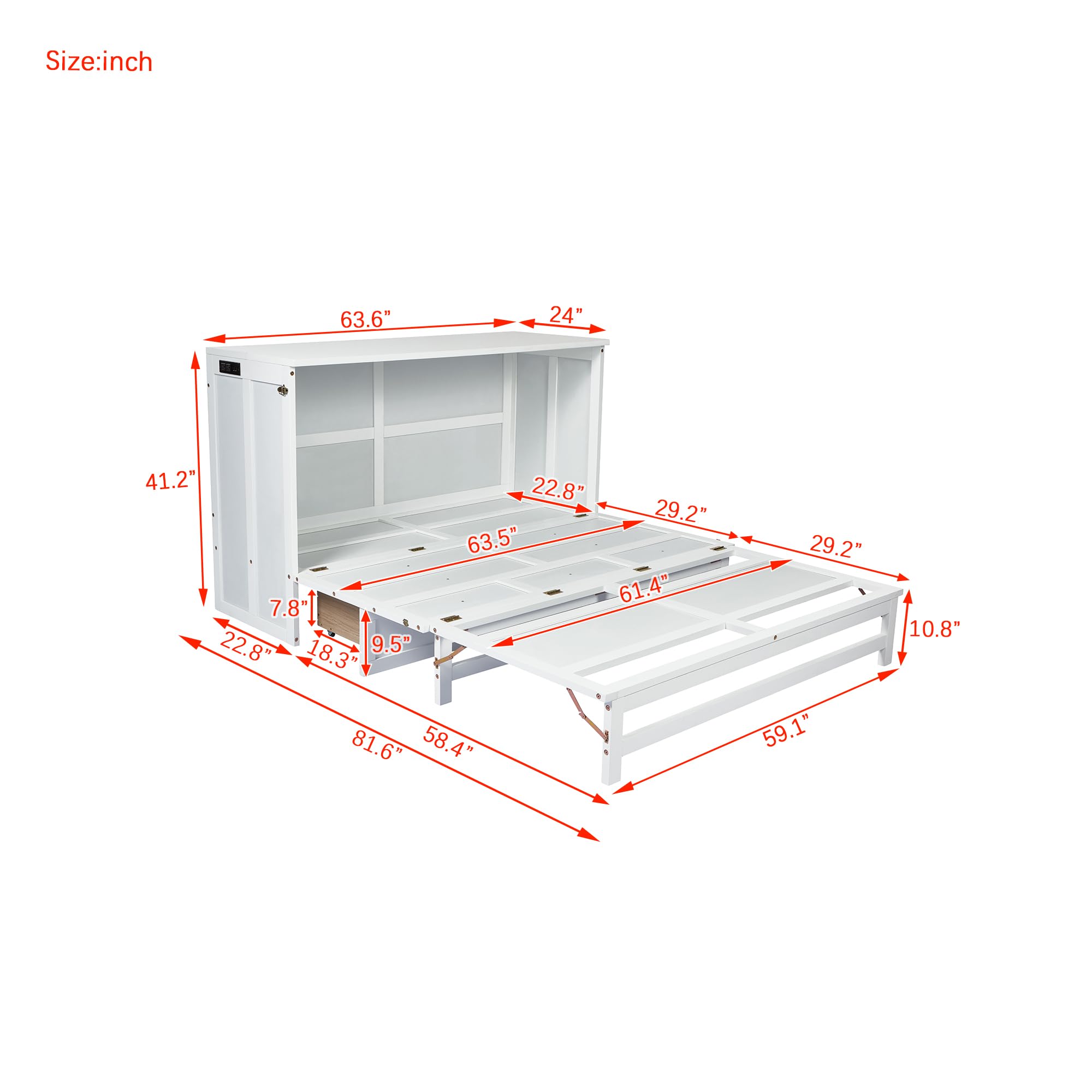 SOFTSEA Queen Murphy Bed Cabinet with Charging Station Foldable Cube Cabinet Chest Bed with Large Drawer Wood Queen Wall Bed for Guest Room, Space Saving