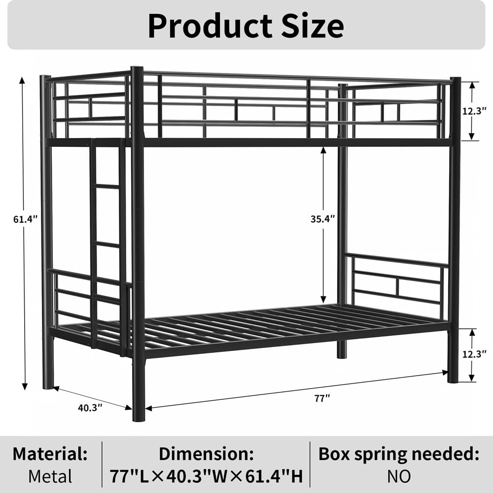 QSOSTNS Twin Over Twin Metal Bunk Bed for Juniors, Industrial Twin Bunk Beds Frame with Ladder & Full-Length Guardrail, Space-Saving, Easy Climbing & Assemble (Black)