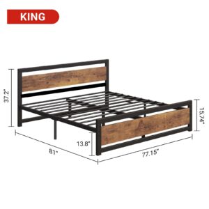 GarveeHome King Size Bed Frame, Industrial King Bed Platform with Headboard No Box Spring Needed, 14 Inch Easy Assemble King Mattress Bedframe, Retro Brown