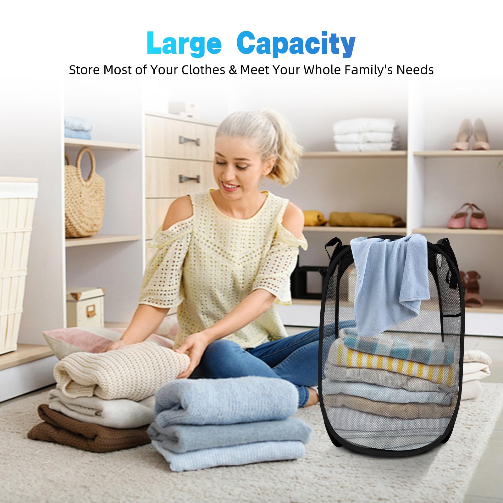 RocoReny Collapsible Laundry Mesh Basket with Pop Up Hamper ＆ Wide Opening Mesh, Breathable, Sturdy, Foldable, and Space-Saving Design for Clothes and Storage.