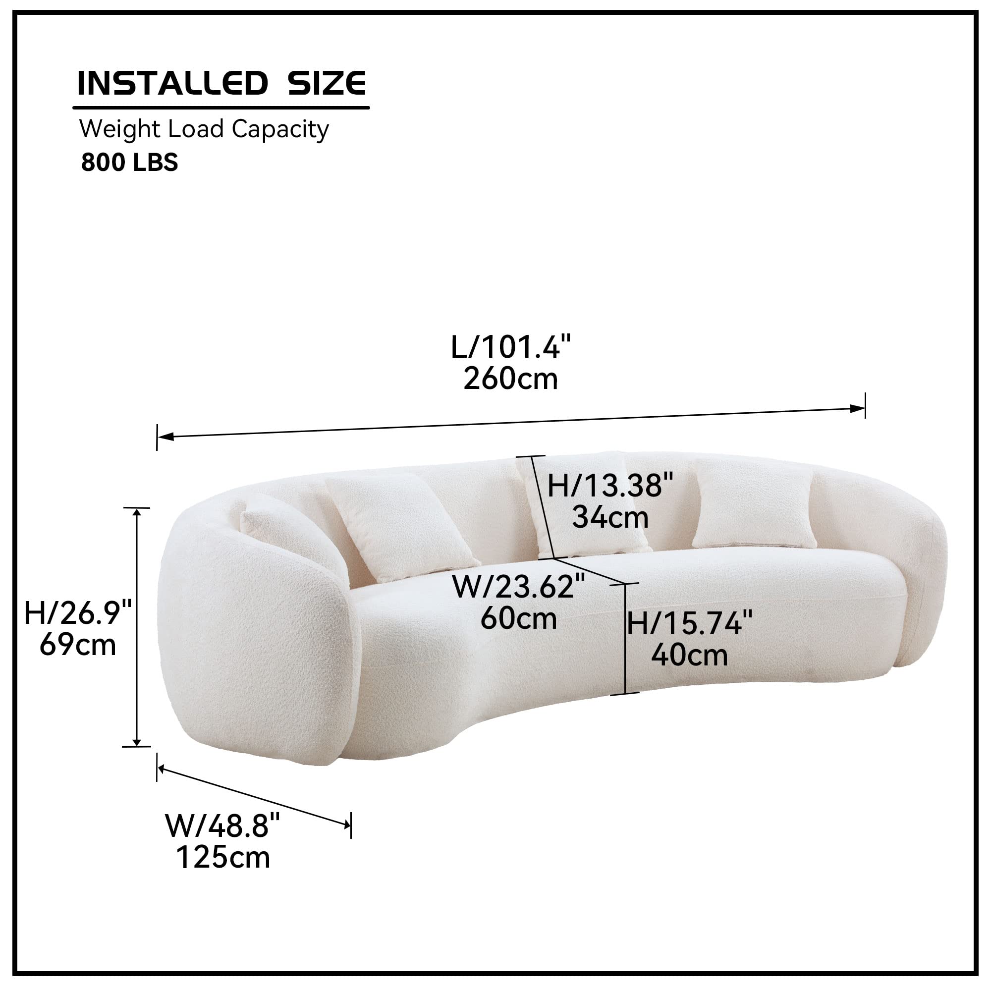 SSC SATITUNCASA 102“ Luxury Modern Boucle Curved Sofa Couch, Minimalist Style Comfy Sofa Couch for Living Room, Apartment, Home Office, 3 Seater Curved White Sofa(White 102)