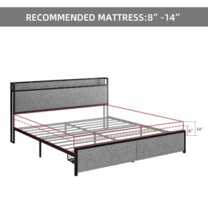 Queen Size Bed Frame with 2 Storage Drawer and Charging Station, Upholstered Platform Bed with Headboard Shelf, USB Port & Outlets, No Box Spring Needed, Easy Assemble, Grey