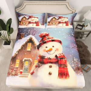 feelyou kids snowman fitted sheet twin size merry christmas bedding set for boys girls snowflake winter theme bed sheet set happy new year bed cover deep pocket