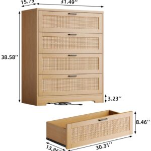 GarveeHome 4 Drawer Dresser Rattan Dresser, Tall Chest of Drawers, Wood Dresser for Bedroom, Closet, Living Room, Hallway