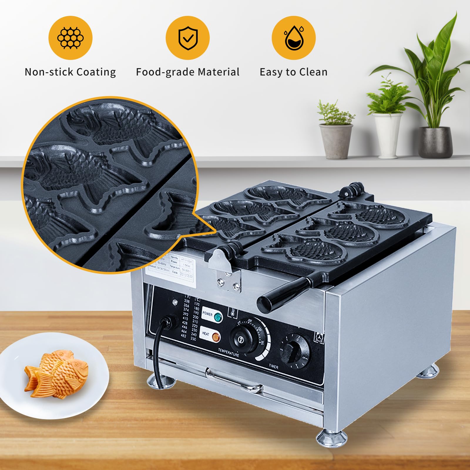 LHTSNA Taiyaki Fish Waffle Maker 3PCS Electric Taiyaki Machine, Non-Stick Teflon Coating Fish Shaped Waffles Iron,110V 50-300℃/122-572℉ Adjustable