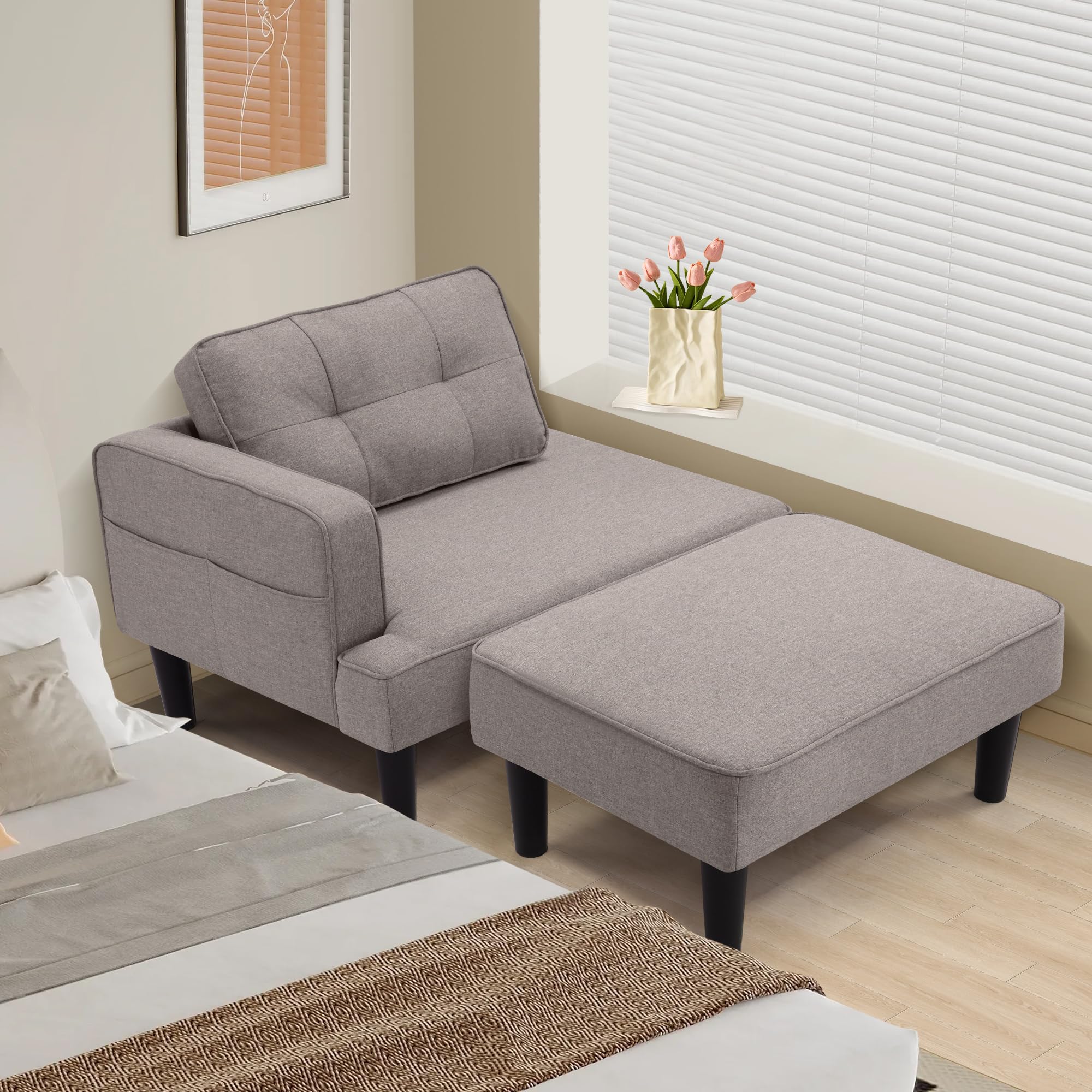 SEJOV Recliner Sofa Bed, Convertible Small Sectional Couches for Living Room, Sofa Cama moderno with Chaise & 2 Pillow, Small Couches for Small Spaces, Apartment, Dorm, Linen, Brown Grey