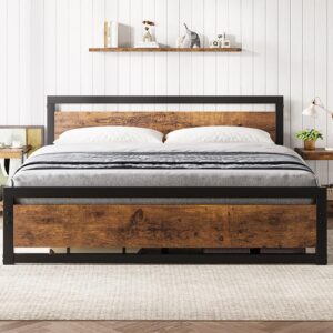 garveehome king size bed frame, industrial king bed platform with headboard no box spring needed, 14 inch easy assemble king mattress bedframe, retro brown