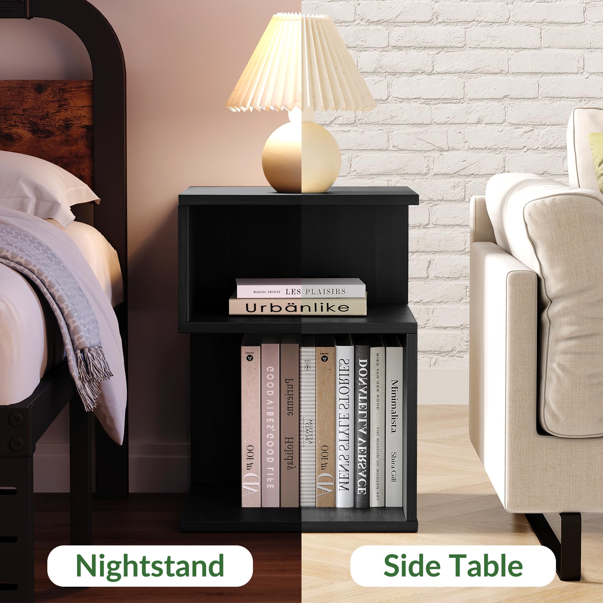 ODIKA Tokyo S Minimalist 3 Tier End Table - Minimalist 3-Tier Wood Nightstand for Small Spaces with Open Storage - Japanese-Inspired Bedside Table for Bedroom (Black)