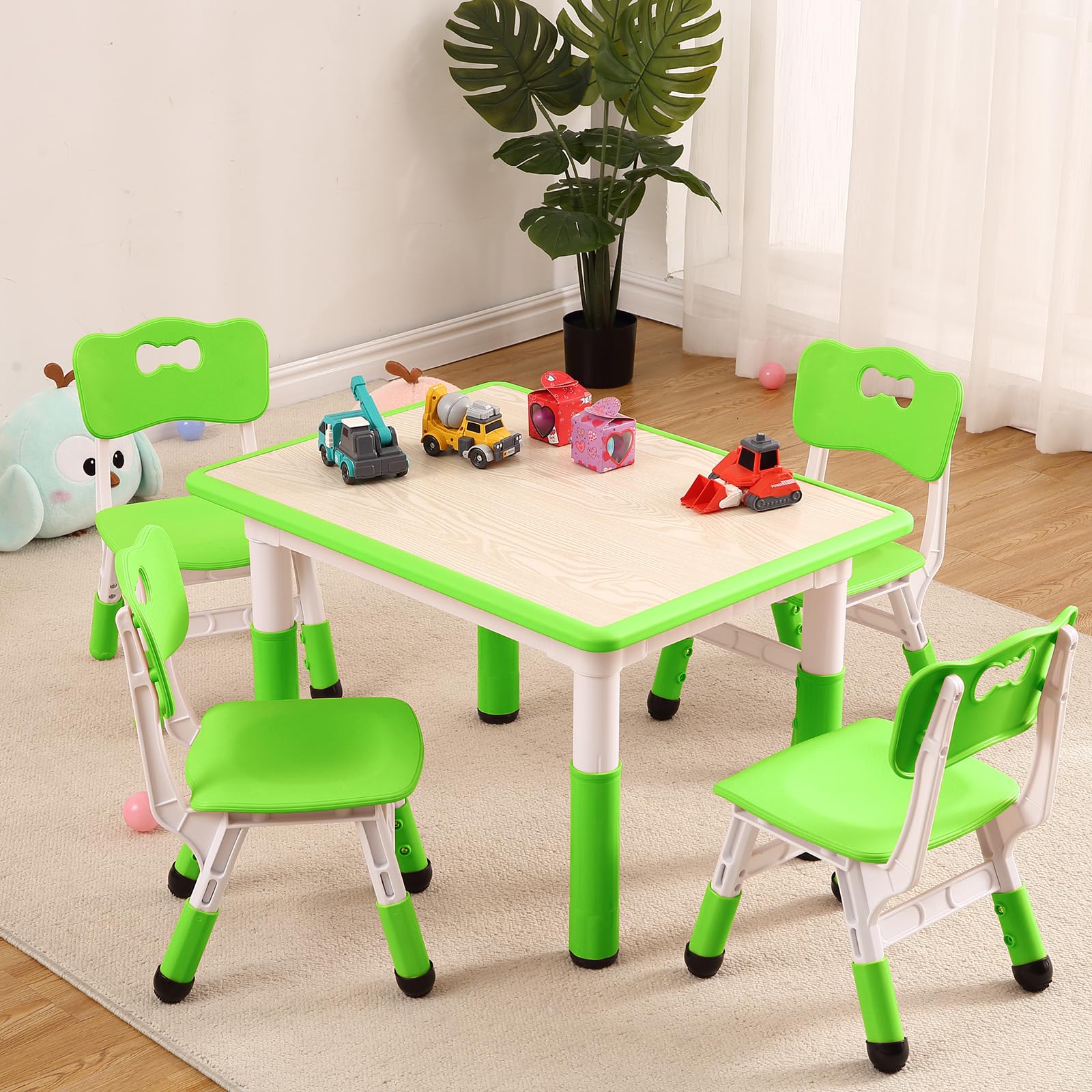 GarveeHome Kids Table and 4 Chairs Set, Toddler Height Adjustable Desk with Graffiti Desktop, Non-Slip Legs, Max 300lbs,Arts & Crafts Table，Children Multi-Activity Table for Classrooms,Home,Daycares