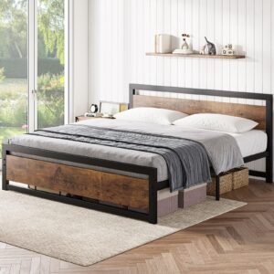 GarveeHome King Size Bed Frame, Industrial King Bed Platform with Headboard No Box Spring Needed, 14 Inch Easy Assemble King Mattress Bedframe, Retro Brown