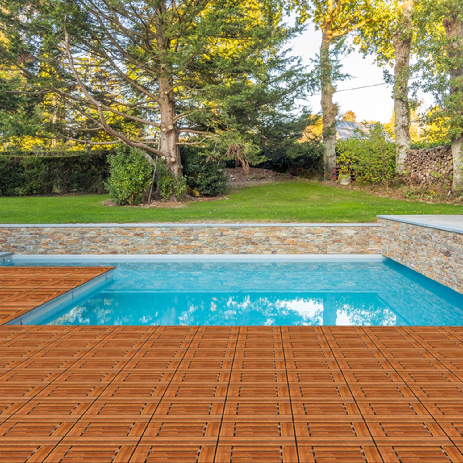 Natural Oak Wood Interlocking Deck Tiles 27pcs Outdoor Spliced ​​Solid Wood Flooring,Waterproof Flooring Tiles for Patio Porch Poolside Balcony Backyard (Model 1)