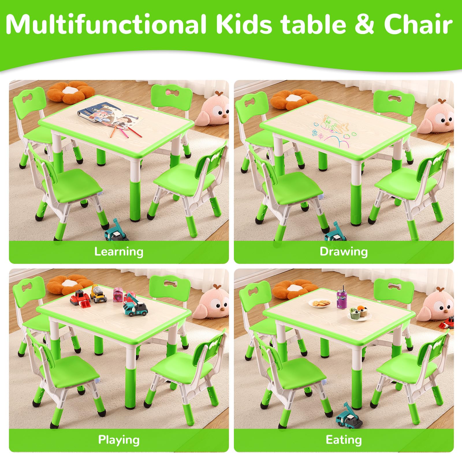 GarveeHome Kids Table and 4 Chairs Set, Toddler Height Adjustable Desk with Graffiti Desktop, Non-Slip Legs, Max 300lbs,Arts & Crafts Table，Children Multi-Activity Table for Classrooms,Home,Daycares