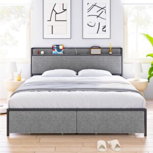 Queen Size Bed Frame with 2 Storage Drawer and Charging Station, Upholstered Platform Bed with Headboard Shelf, USB Port & Outlets, No Box Spring Needed, Easy Assemble, Grey