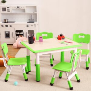 GarveeHome Kids Table and 4 Chairs Set, Toddler Height Adjustable Desk with Graffiti Desktop, Non-Slip Legs, Max 300lbs,Arts & Crafts Table，Children Multi-Activity Table for Classrooms,Home,Daycares