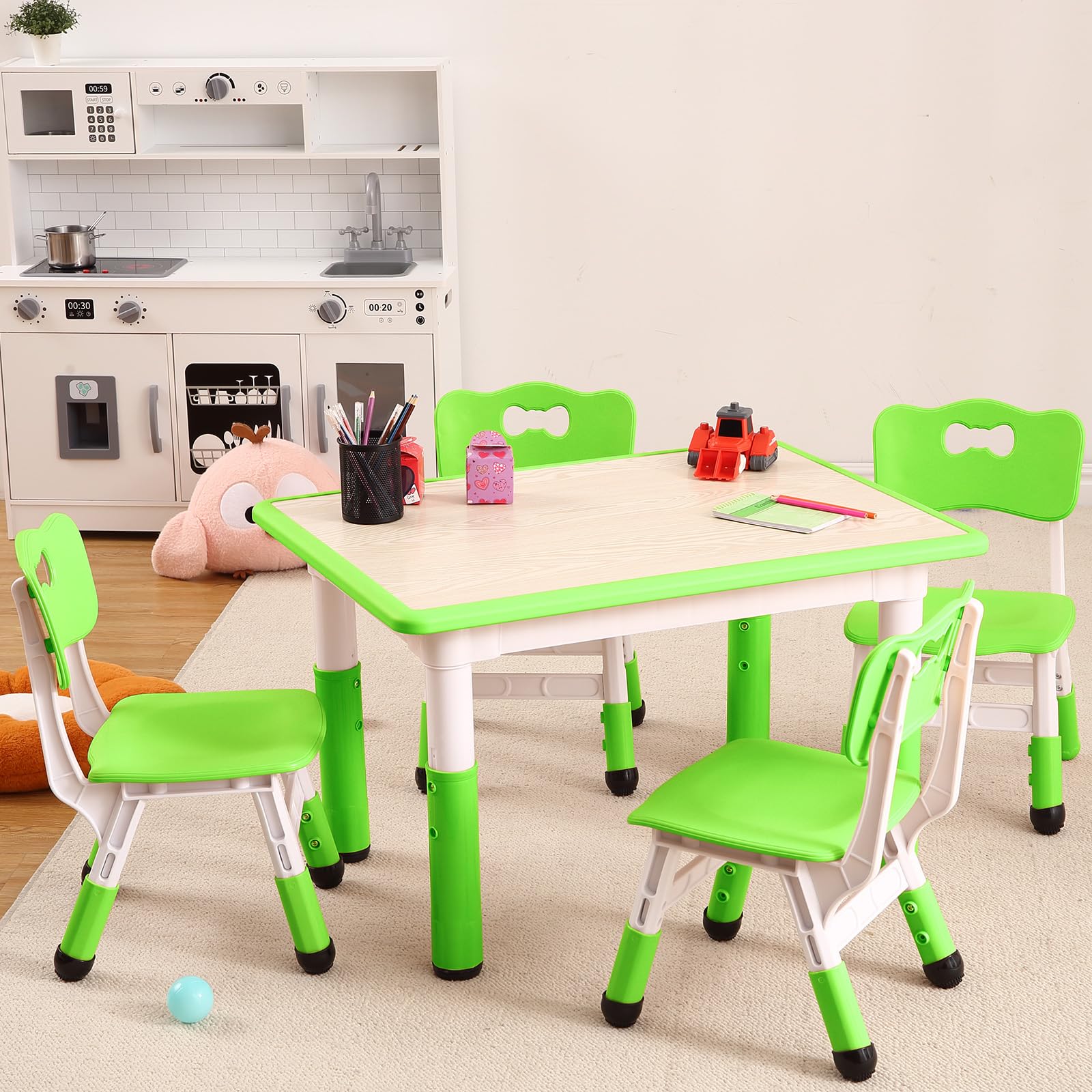 GarveeHome Kids Table and 4 Chairs Set, Toddler Height Adjustable Desk with Graffiti Desktop, Non-Slip Legs, Max 300lbs,Arts & Crafts Table，Children Multi-Activity Table for Classrooms,Home,Daycares