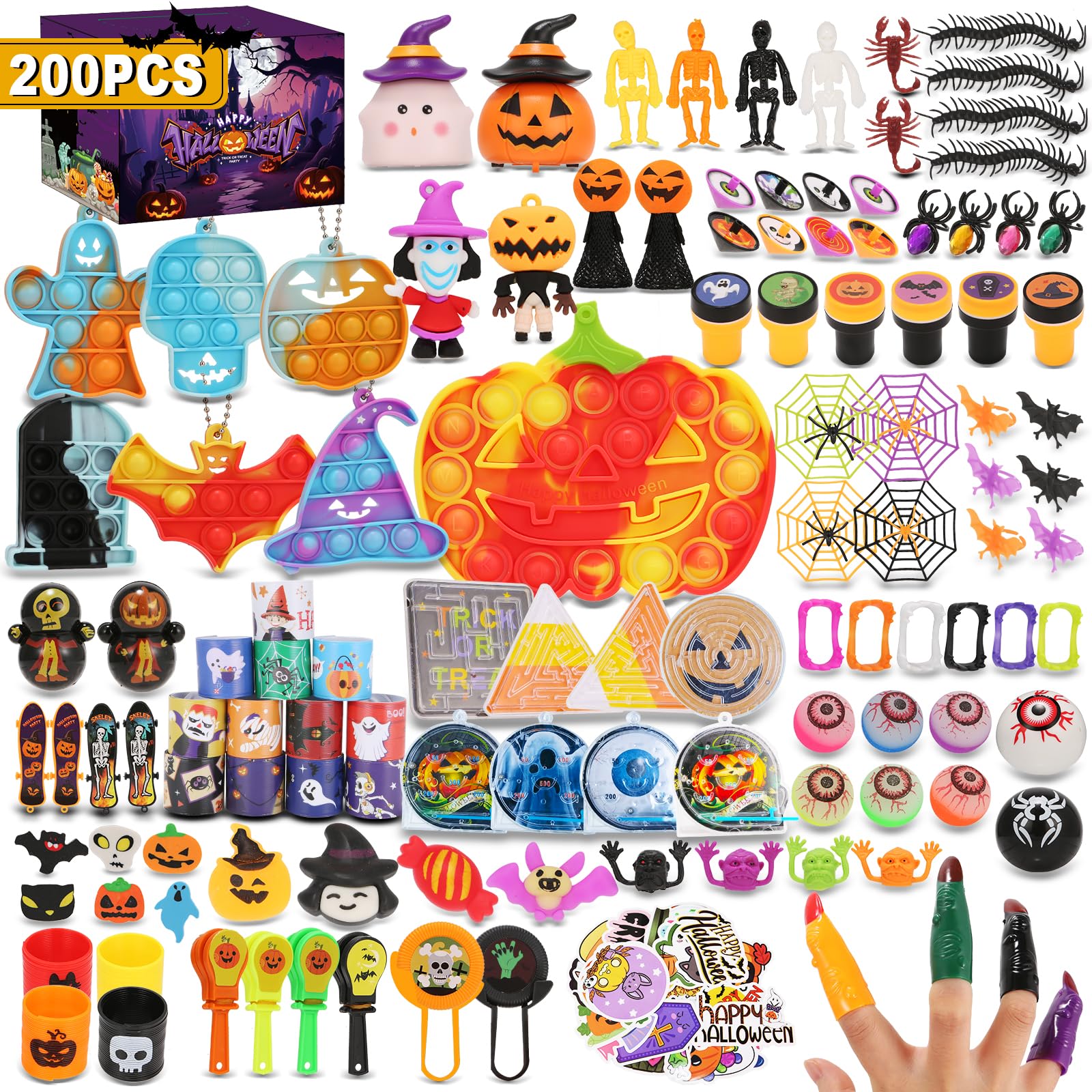 200Pcs Premium Halloween Party Favors for Kids Bulk, Halloween Trick or Treat Toys, Halloween Goodie Bag Stuffers, Halloween Treats Non Candy