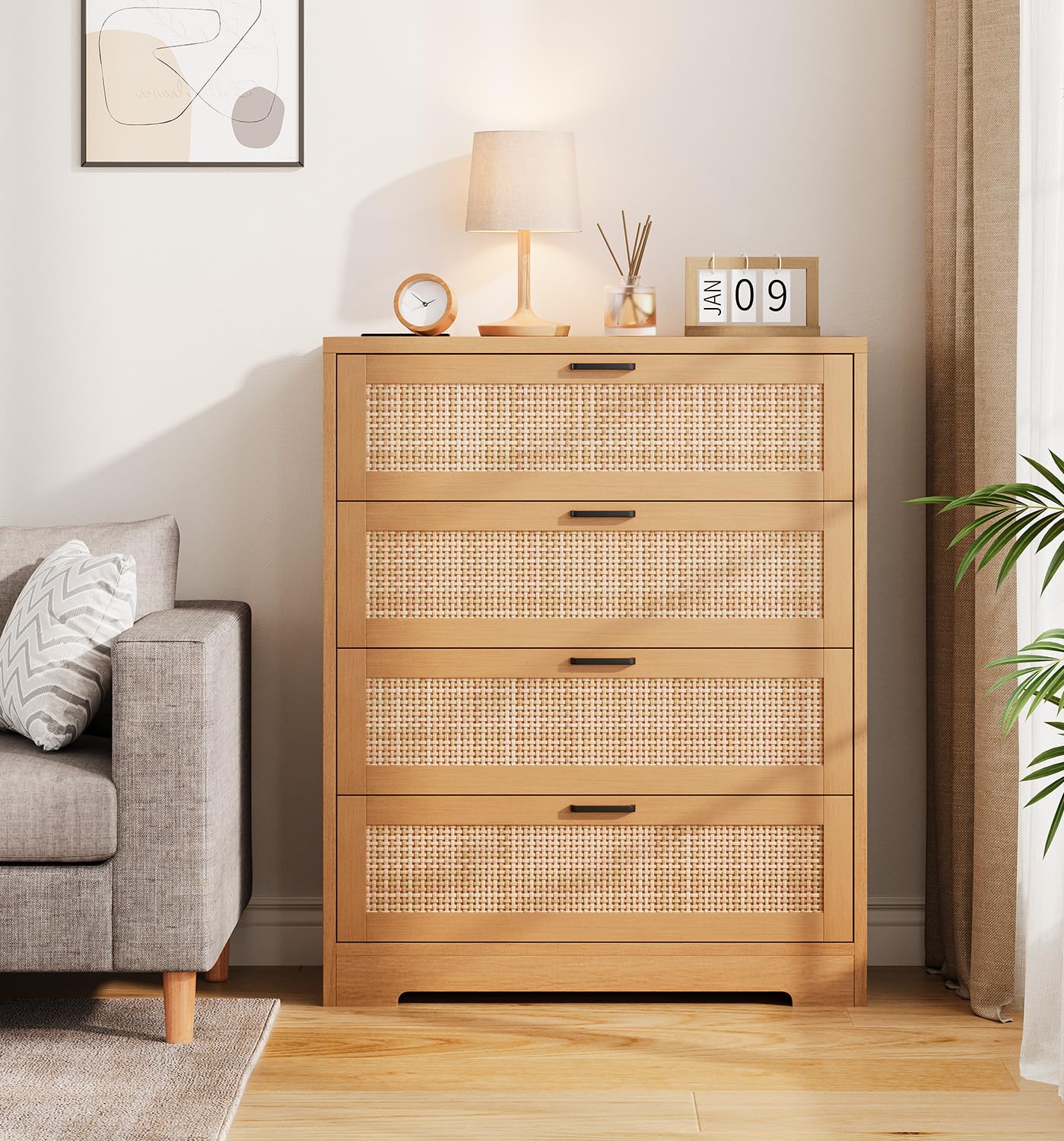 GarveeHome 4 Drawer Dresser Rattan Dresser, Tall Chest of Drawers, Wood Dresser for Bedroom, Closet, Living Room, Hallway