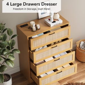 GarveeHome 4 Drawer Dresser Rattan Dresser, Tall Chest of Drawers, Wood Dresser for Bedroom, Closet, Living Room, Hallway