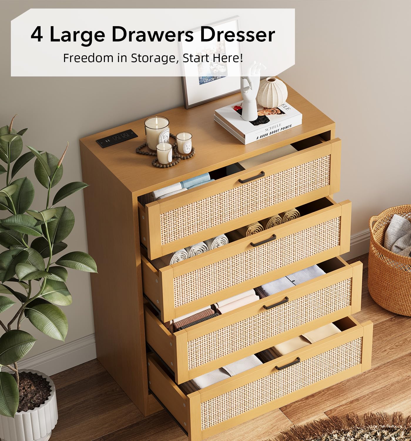 GarveeHome 4 Drawer Dresser Rattan Dresser, Tall Chest of Drawers, Wood Dresser for Bedroom, Closet, Living Room, Hallway