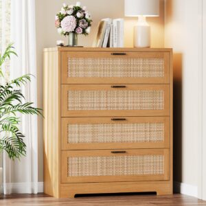 GarveeHome 4 Drawer Dresser Rattan Dresser, Tall Chest of Drawers, Wood Dresser for Bedroom, Closet, Living Room, Hallway