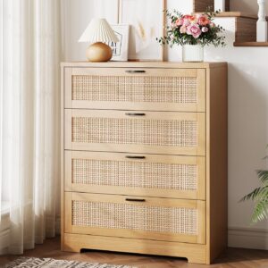 GarveeHome 4 Drawer Dresser Rattan Dresser, Tall Chest of Drawers, Wood Dresser for Bedroom, Closet, Living Room, Hallway