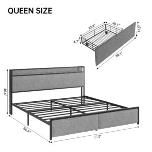 Queen Size Bed Frame with 2 Storage Drawer and Charging Station, Upholstered Platform Bed with Headboard Shelf, USB Port & Outlets, No Box Spring Needed, Easy Assemble, Grey