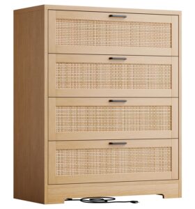 garveehome 4 drawer dresser rattan dresser, tall chest of drawers, wood dresser for bedroom, closet, living room, hallway