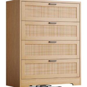 GarveeHome 4 Drawer Dresser Rattan Dresser, Tall Chest of Drawers, Wood Dresser for Bedroom, Closet, Living Room, Hallway