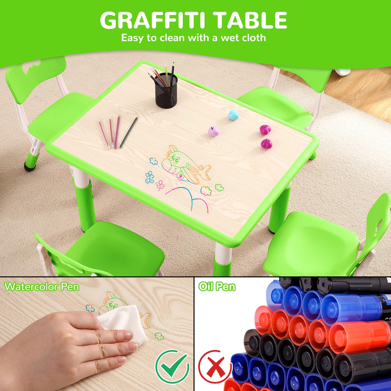 GarveeHome Kids Table and 4 Chairs Set, Toddler Height Adjustable Desk with Graffiti Desktop, Non-Slip Legs, Max 300lbs,Arts & Crafts Table，Children Multi-Activity Table for Classrooms,Home,Daycares