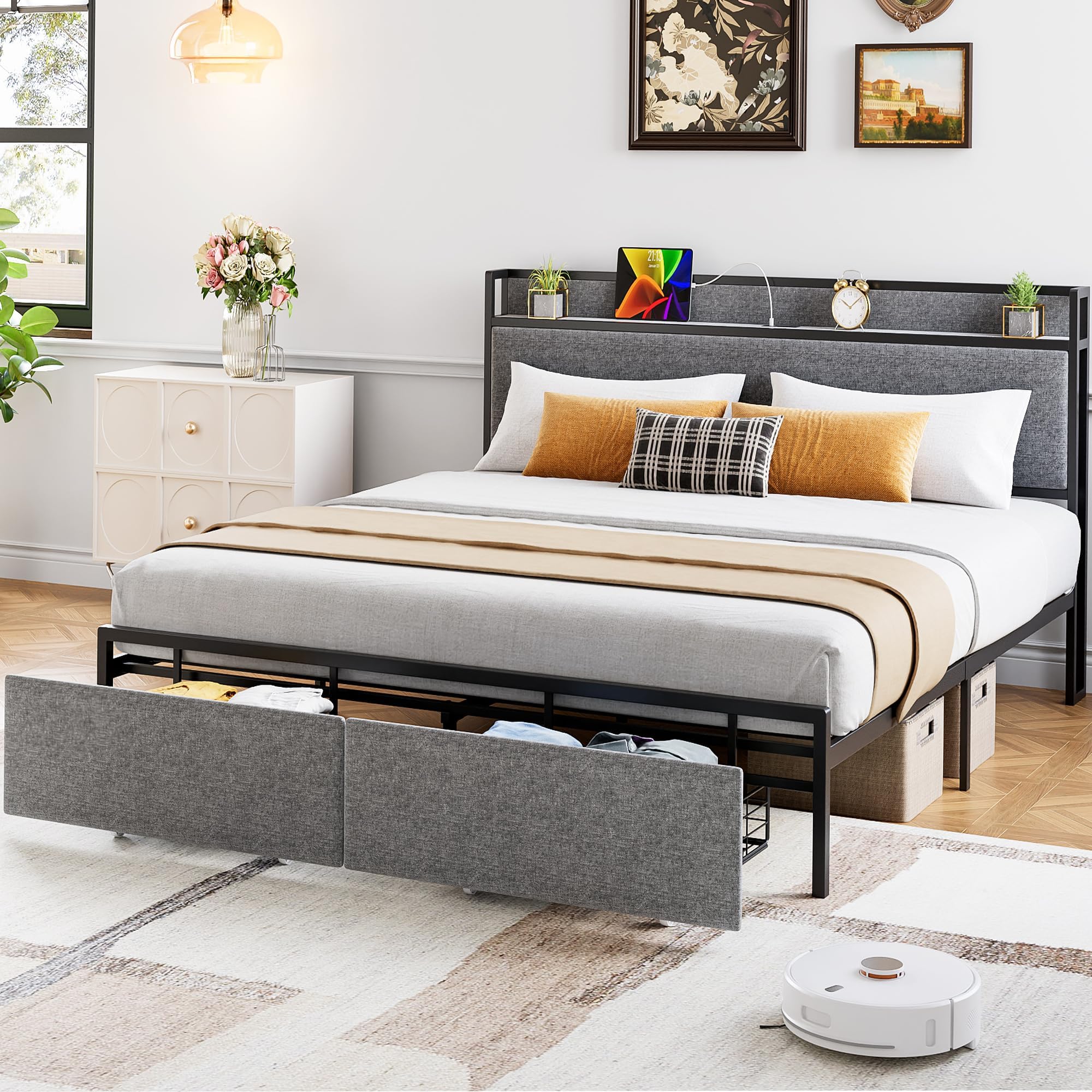 Queen Size Bed Frame with 2 Storage Drawer and Charging Station, Upholstered Platform Bed with Headboard Shelf, USB Port & Outlets, No Box Spring Needed, Easy Assemble, Grey