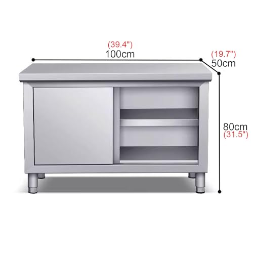 Double Pass Four Sliding Door Workbench Commercial Stainless Steel Preparation Table Not Easy to Rust Large Space Storage Cabinet Kitchen Chopping Table Stable and Not Shaking