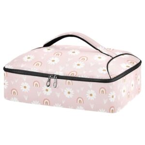 kcldeci insulated thermal food carrier insulated casserole carrier for hot or cold food,daisy flower hearts and rainbows on pink insulated tote bag for potluck cookouts parties picnic,lasagna lugger