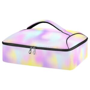 kcldeci insulated thermal food carrier insulated casserole carrier for hot or cold food,pink cyan yellow gradient insulated tote bag for potluck cookouts parties picnic,lasagna lugger