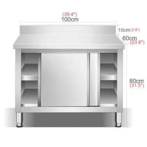 Stainless Steel Workbench with Backrest Multifunctional Commercial Sliding Door Prep Table Casework Cabinet Countertop Chopping Table Large Space Storage Cabinet